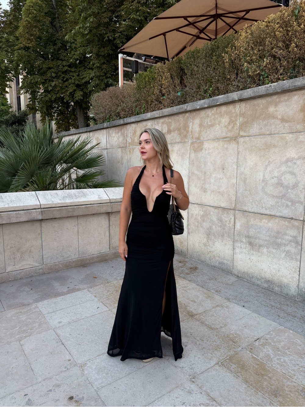 Fashion Nova Black Halter Maxi Dress with Deep Plunge and Side Slit